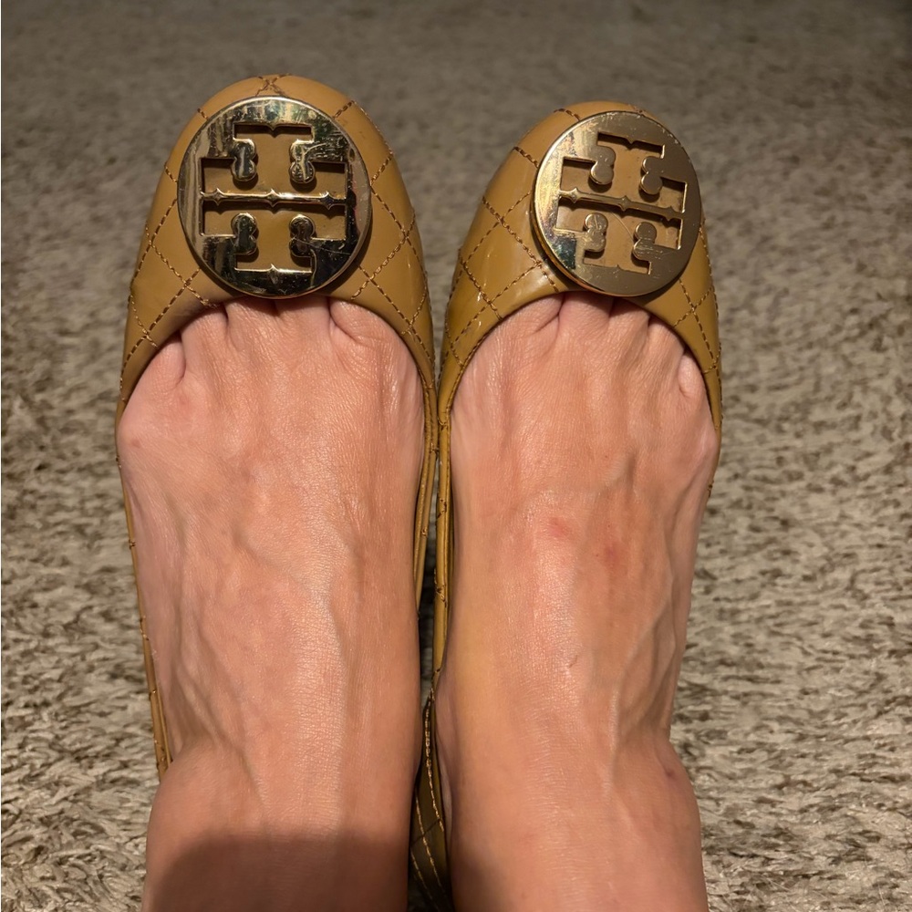 Tory Burch Tan Quilted Logo Ballet Flats
